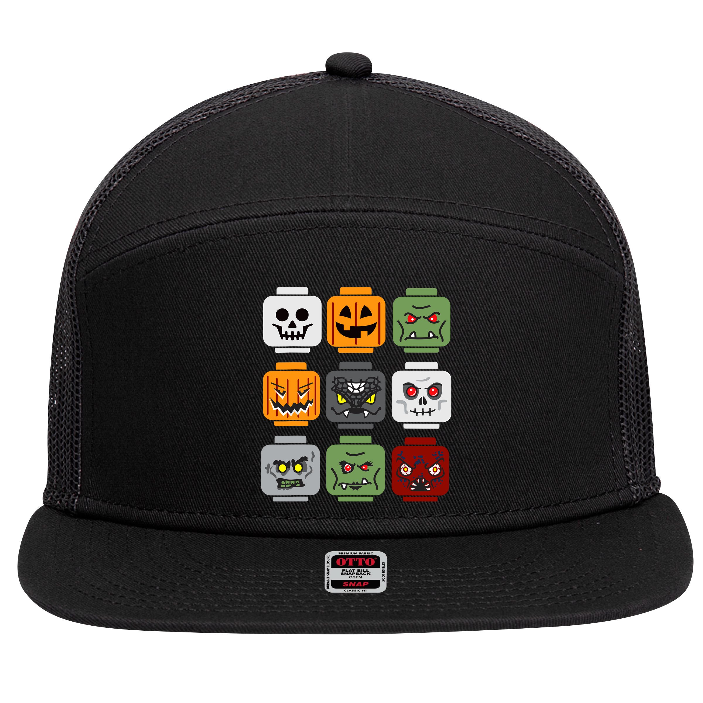 Halloween Building Brick Head Pumpkin Ghost Zombie Friends 7 Panel Mesh Trucker Snapback Hat
