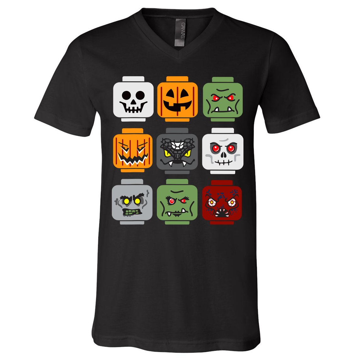 Halloween Building Brick Head Pumpkin Ghost Zombie Friends V-Neck T-Shirt