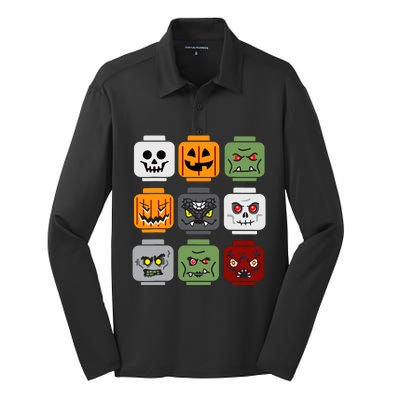 Halloween Building Brick Head Pumpkin Ghost Zombie Friends Silk Touch Performance Long Sleeve Polo