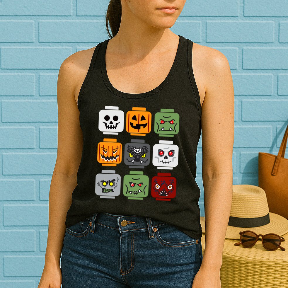 Halloween Building Brick Head Pumpkin Ghost Zombie Friends Womens Tank Top