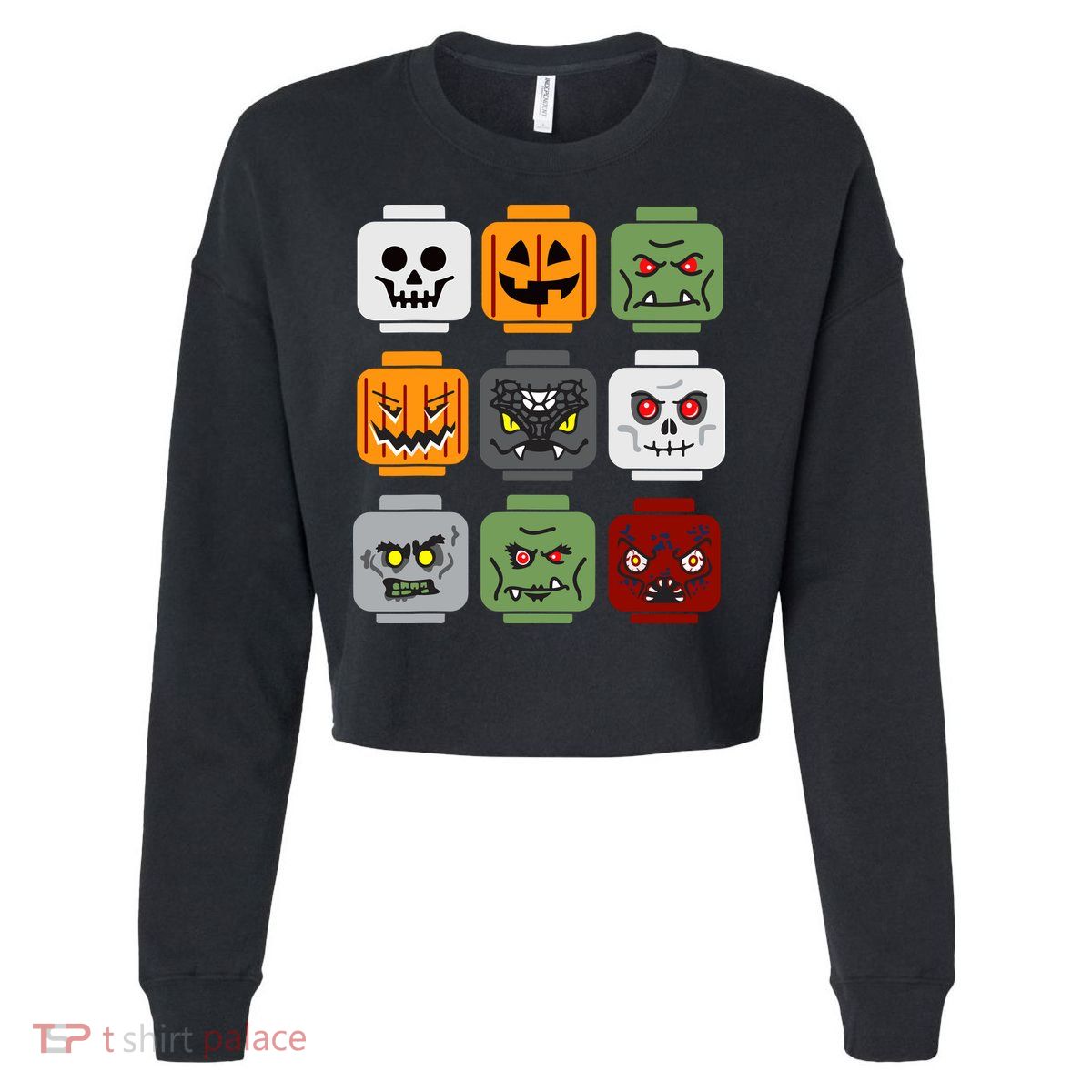 Halloween Building Brick Head Pumpkin Ghost Zombie Friends Cropped Pullover Crew