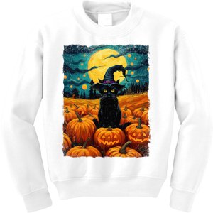 Halloween Black Cat Van Gogh Witch Kawaii Pumpkin Kids Sweatshirt