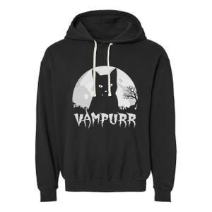 Halloween Black Cat Vampire With Full Moon Vampurr Pun Garment-Dyed Fleece Hoodie