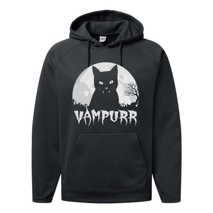 Halloween Black Cat Vampire With Full Moon Vampurr Pun Performance Fleece Hoodie