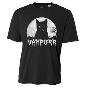 Halloween Black Cat Vampire With Full Moon Vampurr Pun Cooling Performance Crew T-Shirt