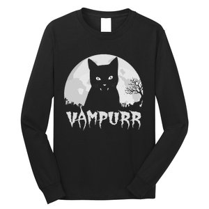 Halloween Black Cat Vampire With Full Moon Vampurr Pun Long Sleeve Shirt