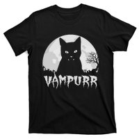 Halloween Black Cat Vampire With Full Moon Vampurr Pun T-Shirt