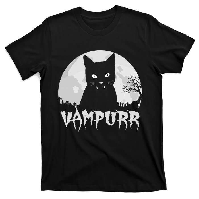 Halloween Black Cat Vampire With Full Moon Vampurr Pun T-Shirt