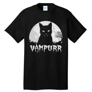 Halloween Black Cat Vampire With Full Moon Vampurr Pun Tall T-Shirt