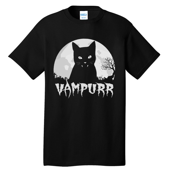 Halloween Black Cat Vampire With Full Moon Vampurr Pun Tall T-Shirt