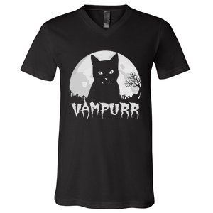 Halloween Black Cat Vampire With Full Moon Vampurr Pun V-Neck T-Shirt