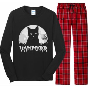 Halloween Black Cat Vampire With Full Moon Vampurr Pun Long Sleeve Pajama Set