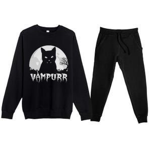 Halloween Black Cat Vampire With Full Moon Vampurr Pun Premium Crewneck Sweatsuit Set