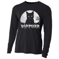 Halloween Black Cat Vampire With Full Moon Vampurr Pun Cooling Performance Long Sleeve Crew