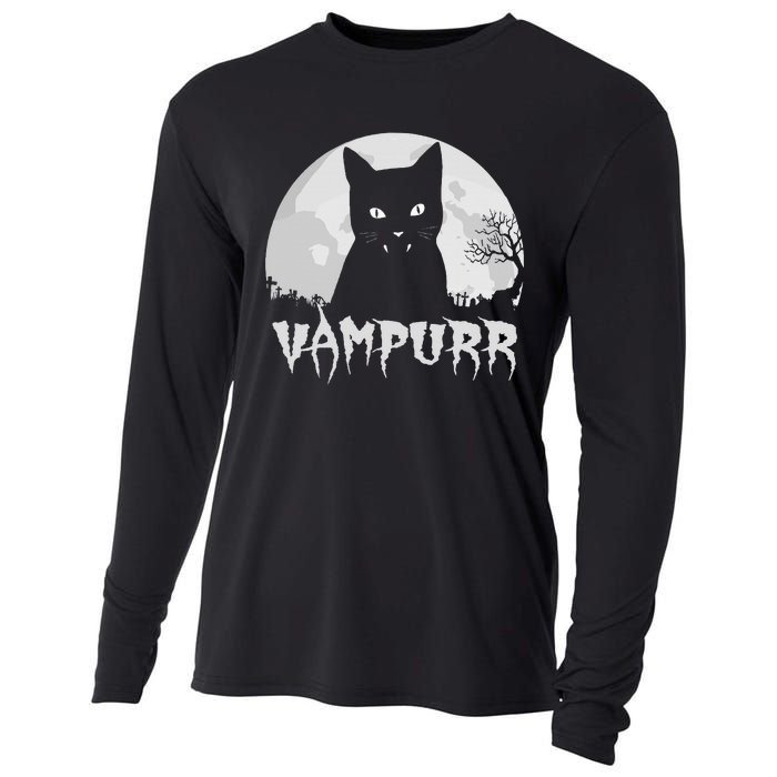 Halloween Black Cat Vampire With Full Moon Vampurr Pun Cooling Performance Long Sleeve Crew