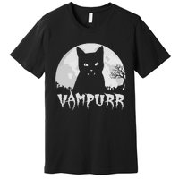 Halloween Black Cat Vampire With Full Moon Vampurr Pun Premium T-Shirt