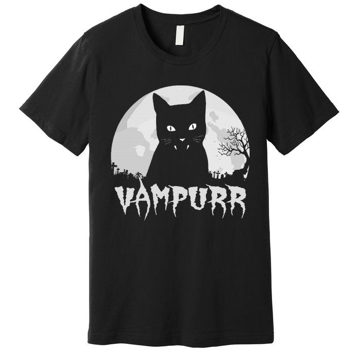 Halloween Black Cat Vampire With Full Moon Vampurr Pun Premium T-Shirt