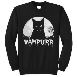 Halloween Black Cat Vampire With Full Moon Vampurr Pun Tall Sweatshirt