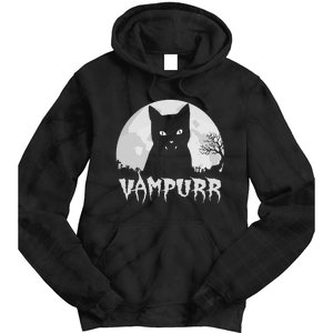 Halloween Black Cat Vampire With Full Moon Vampurr Pun Tie Dye Hoodie