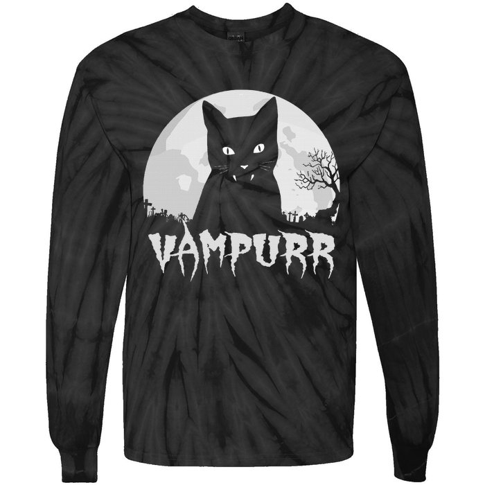 Halloween Black Cat Vampire With Full Moon Vampurr Pun Tie-Dye Long Sleeve Shirt