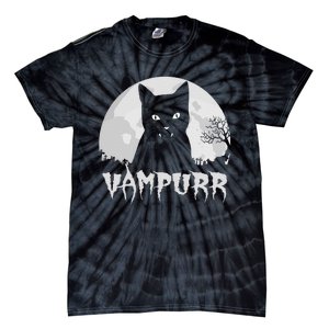 Halloween Black Cat Vampire With Full Moon Vampurr Pun Tie-Dye T-Shirt