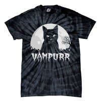 Halloween Black Cat Vampire With Full Moon Vampurr Pun Tie-Dye T-Shirt