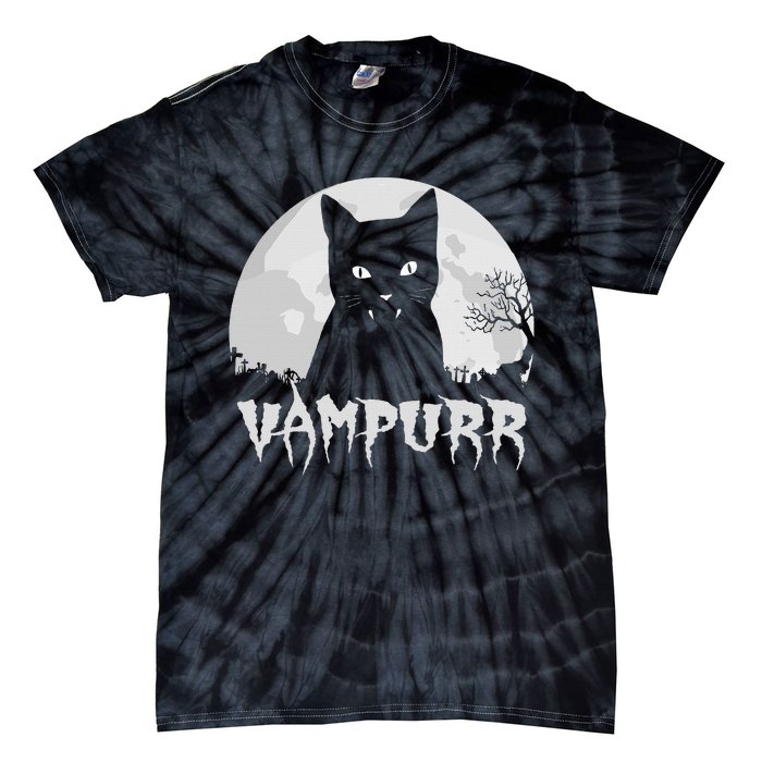 Halloween Black Cat Vampire With Full Moon Vampurr Pun Tie-Dye T-Shirt