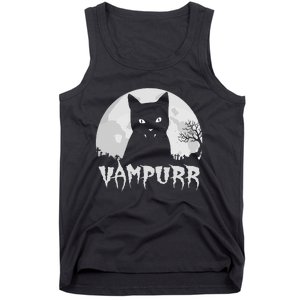 Halloween Black Cat Vampire With Full Moon Vampurr Pun Tank Top