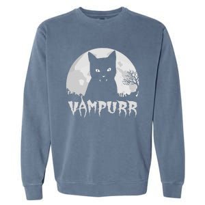 Halloween Black Cat Vampire With Full Moon Vampurr Pun Garment-Dyed Sweatshirt