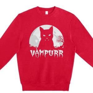 Halloween Black Cat Vampire With Full Moon Vampurr Pun Premium Crewneck Sweatshirt