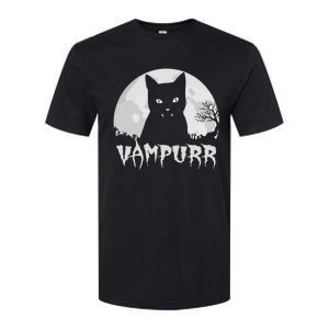 Halloween Black Cat Vampire With Full Moon Vampurr Pun Softstyle CVC T-Shirt