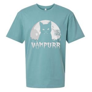 Halloween Black Cat Vampire With Full Moon Vampurr Pun Sueded Cloud Jersey T-Shirt