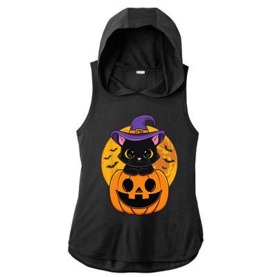 Halloween Black Cat Witch Hat Pumpkin Ladies PosiCharge Tri-Blend Wicking Draft Hoodie Tank