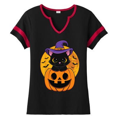 Halloween Black Cat Witch Hat Pumpkin Ladies Halftime Notch Neck Tee