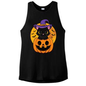 Halloween Black Cat Witch Hat Pumpkin Ladies PosiCharge Tri-Blend Wicking Tank