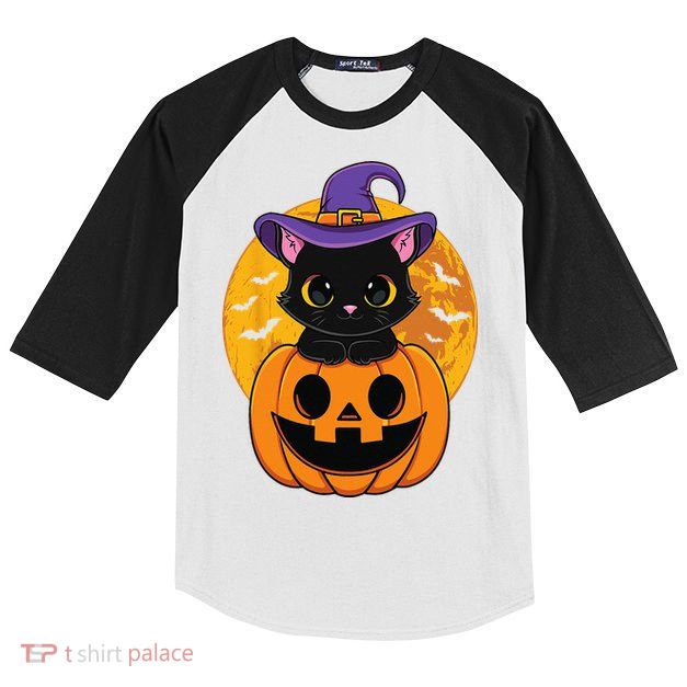 Halloween Black Cat Witch Hat Pumpkin Kids Colorblock Raglan Jersey