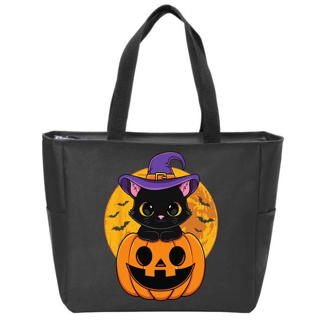 Halloween Black Cat Witch Hat Pumpkin Zip Tote Bag