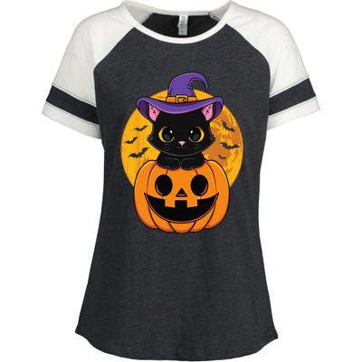 Halloween Black Cat Witch Hat Pumpkin Enza Ladies Jersey Colorblock Tee