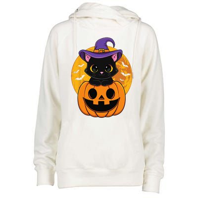 Halloween Black Cat Witch Hat Pumpkin Womens Funnel Neck Pullover Hood