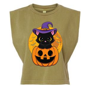 Halloween Black Cat Witch Hat Pumpkin Garment-Dyed Women's Muscle Tee