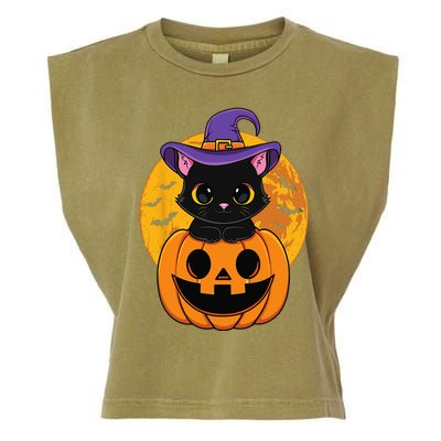 Halloween Black Cat Witch Hat Pumpkin Garment-Dyed Women's Muscle Tee