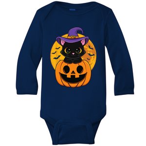 Halloween Black Cat Witch Hat Pumpkin Baby Long Sleeve Bodysuit