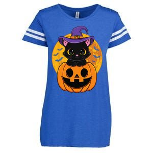 Halloween Black Cat Witch Hat Pumpkin Enza Ladies Jersey Football T-Shirt