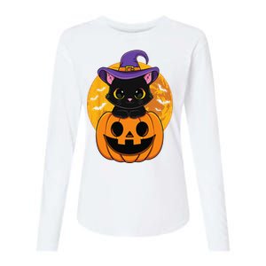 Halloween Black Cat Witch Hat Pumpkin Womens Cotton Relaxed Long Sleeve T-Shirt