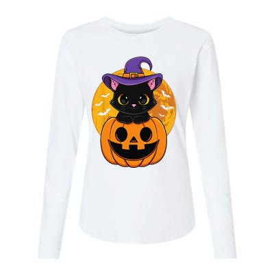 Halloween Black Cat Witch Hat Pumpkin Womens Cotton Relaxed Long Sleeve T-Shirt