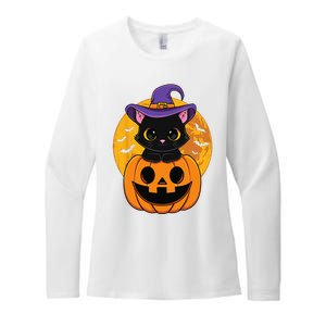 Halloween Black Cat Witch Hat Pumpkin Womens CVC Long Sleeve Shirt