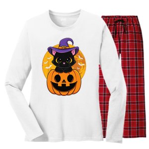 Halloween Black Cat Witch Hat Pumpkin Women's Long Sleeve Flannel Pajama Set 