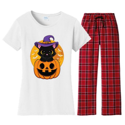 Halloween Black Cat Witch Hat Pumpkin Women's Flannel Pajama Set