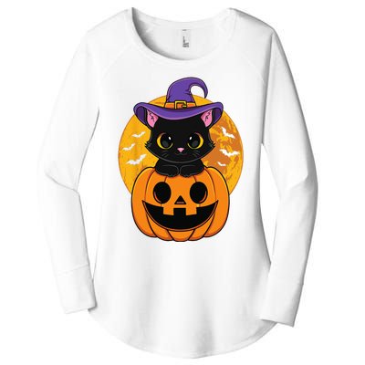 Halloween Black Cat Witch Hat Pumpkin Women's Perfect Tri Tunic Long Sleeve Shirt