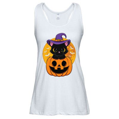 Halloween Black Cat Witch Hat Pumpkin Ladies Essential Flowy Tank